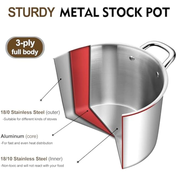 HaWare Large Stock Pot, 10L 25.5cm Tri-Ply Stainless Steel Soup Pot with Visible Lid for Pasta/Meat, Metal Cooking Induction Stockpot, Suit for All Kitchen Stove Top, Healthy & Non Toxic, Easy Clean