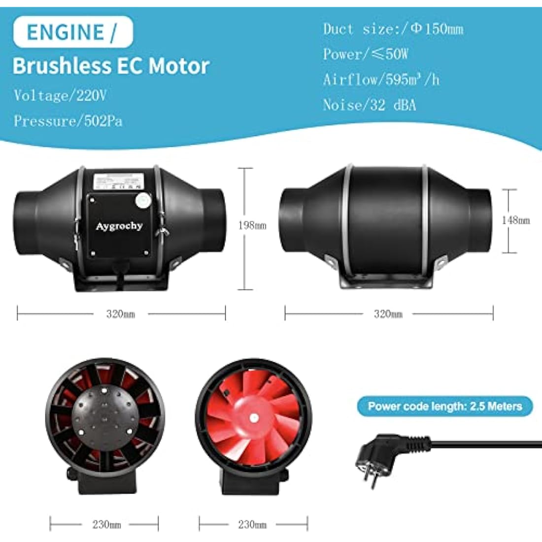 Aygrochy Quiet 6” Inline Duct Fan with Temperature Humidity Controller - Ventilation Exhaust Fan Using for Heating Cooling Booster, Grow Tents, Hydroponics,Home use Ventilation and Exhaust Blower.