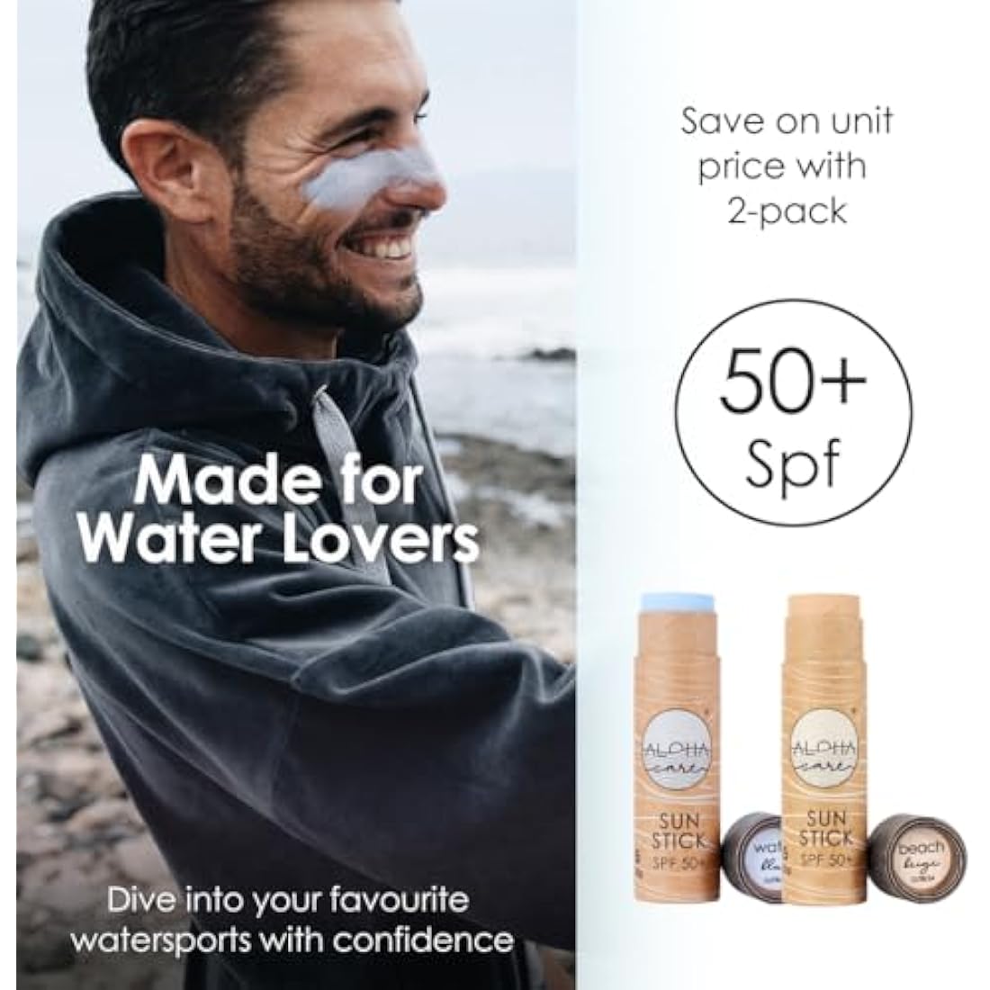 Aloha Sun Stick SPF 50+, Ideal for Water Sports & Surfing, Mineral Sunscreen Stick SPF 50 Face, Sunblock Stick, Sun Block Sticks for Face, SPF Stick, Zinc Stick Alternative Sunstick, 2pcs blue + beige