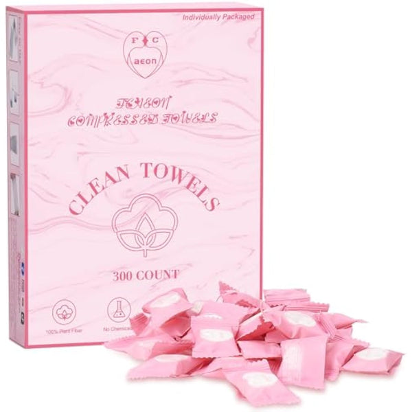FCAEON Disposable Face Towel 23x19cm 300PACK Individually Wrapped Compressed Cleansing Travel Size Towel Cleansing Wipes Tablets Personal Care Coin Towelettes for Beauty & Personal Care (Pink)