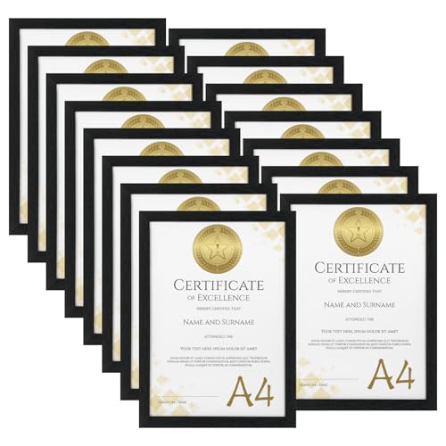 HORLIMER A4 Frames Pack of 15, Black A4 Picture Frame for Displaying Certificates, Posters, Prints, and Documents on Wall or Tabletop