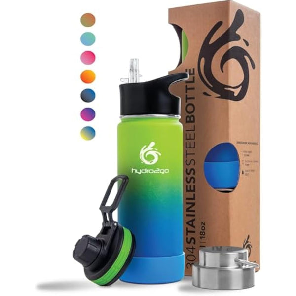 hydro2go Stainless Steel Water Bottle – BPA-Free Bottle for Kids, School, Sports & Outdoor – Keeps Drinks Hot for up to 12H and Cold for up to 24H – Includes 3 Drinking Caps – 530ml (Earth)