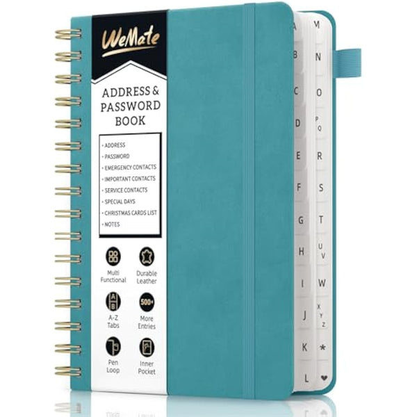 WEMATE Spiral Address Book with Alphabetical Tabs, Leather Password Book, Address Organizer Telephone Notebook Journal Keep Contact Safe Hardcover Large Print for Seniors Home Office 5.8″×8.2″, Green