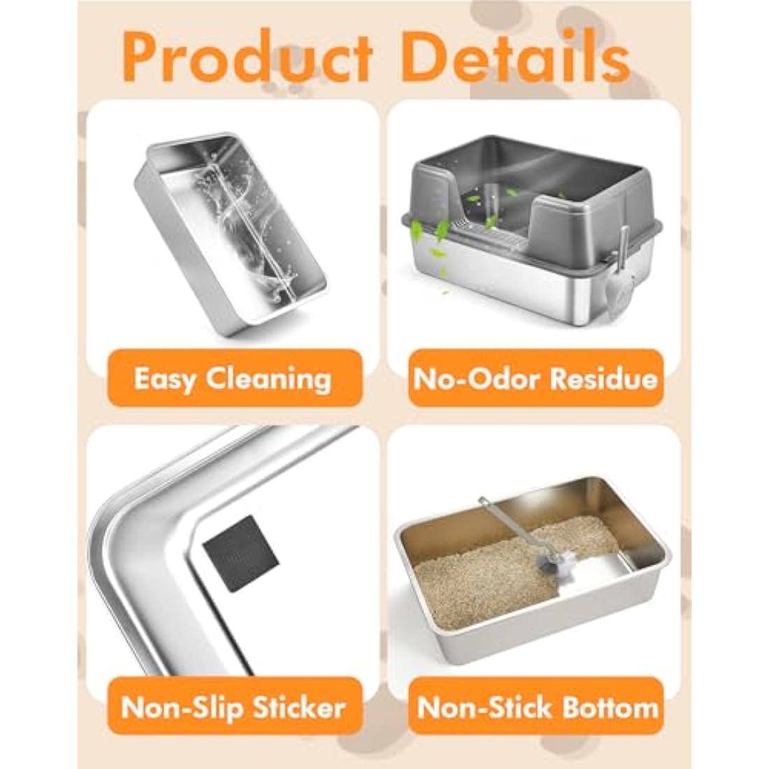 Papettly Extra Large Stainless Steel Litter Box, 36L Cat Litter Tray with Splash-Proof Lid, Easy Cleaning Odor-Less XL Cat Litter Tray with Double Layer Litter Mat, Litter Scoop, Brush, 60x40x31CM