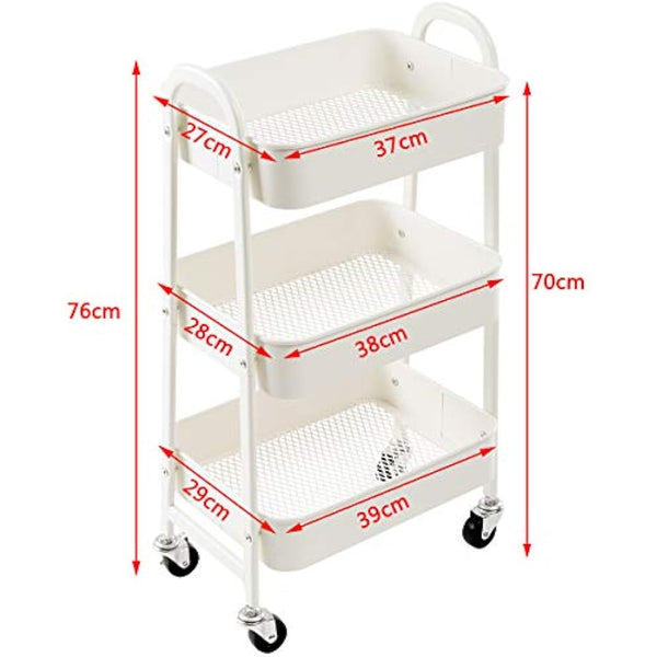 DOEWORKS Storage Trolley on Wheels Kitchen Trolleys Metal 3-Tier Trolley for Book Beauty Craft Trolleys Rolling Utility Storage Cart for Room Bathroom Office, White