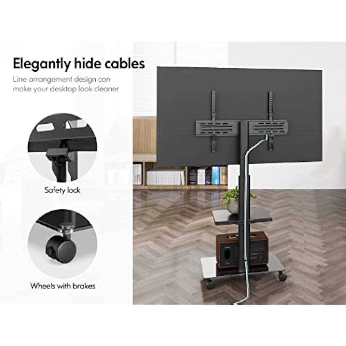 FITUEYES TV Stand on Wheels for 32 to 60 Inch TV, Swivel & Height Adjustable Portable Mobile TV Stand TV Trolley, Cable Management Removable Shelf Black