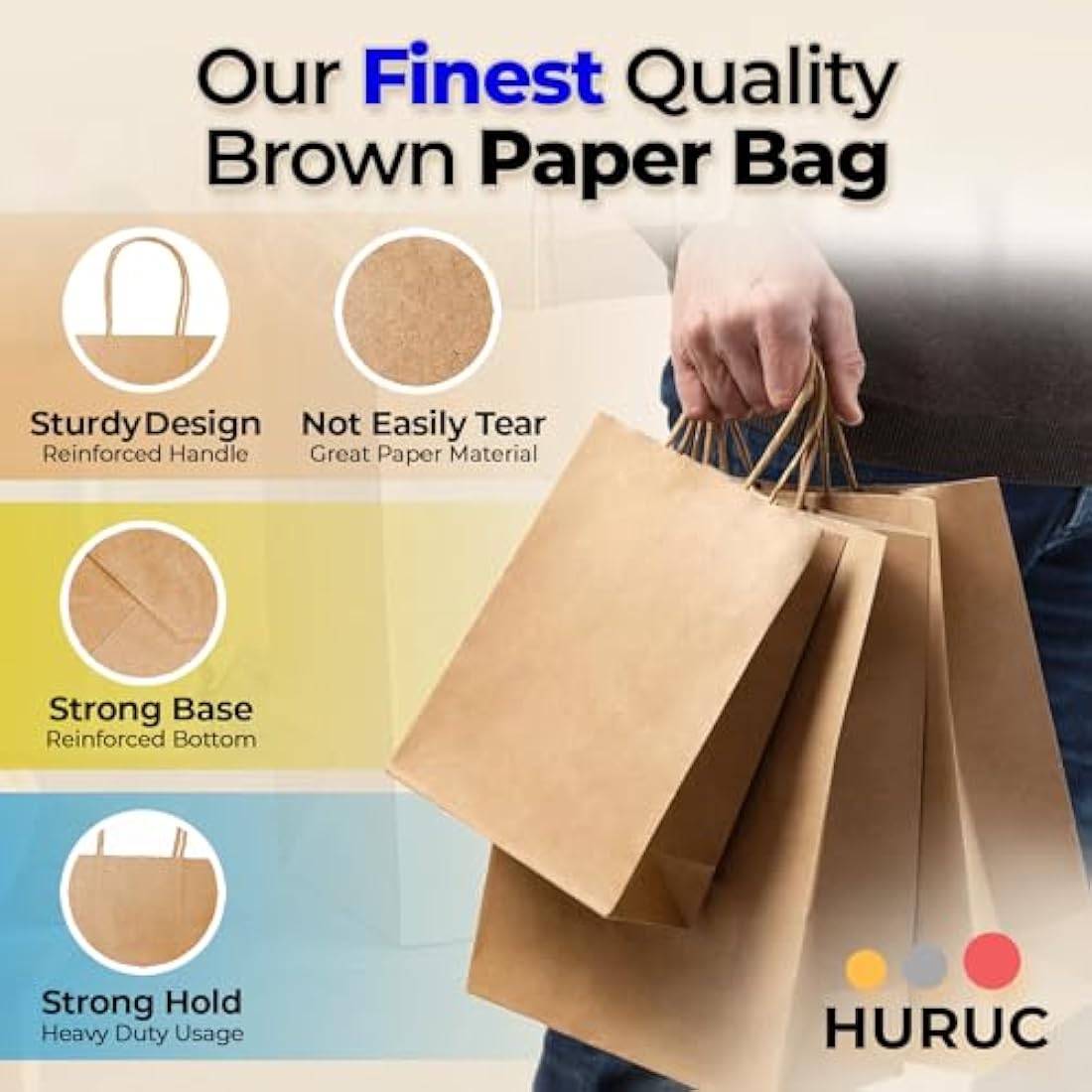 HURUC 50 Pcs Brown Paper Bags With Handles,130GSM, Small Paper Gift Bags, Eco-Friendly Kraft Shopping, Christmas, Easter, Birthday Parties & Merchandise Retail 18x24x8cm