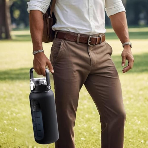 HYDRAGLAZIC 2L Glass Water Bottle with 2 Lids Flip and Chug Lids 2 Liter Large Water Jug with Time Marker and Silicone Sleeve BPA Free Leak-proof for Sports Gym, Black