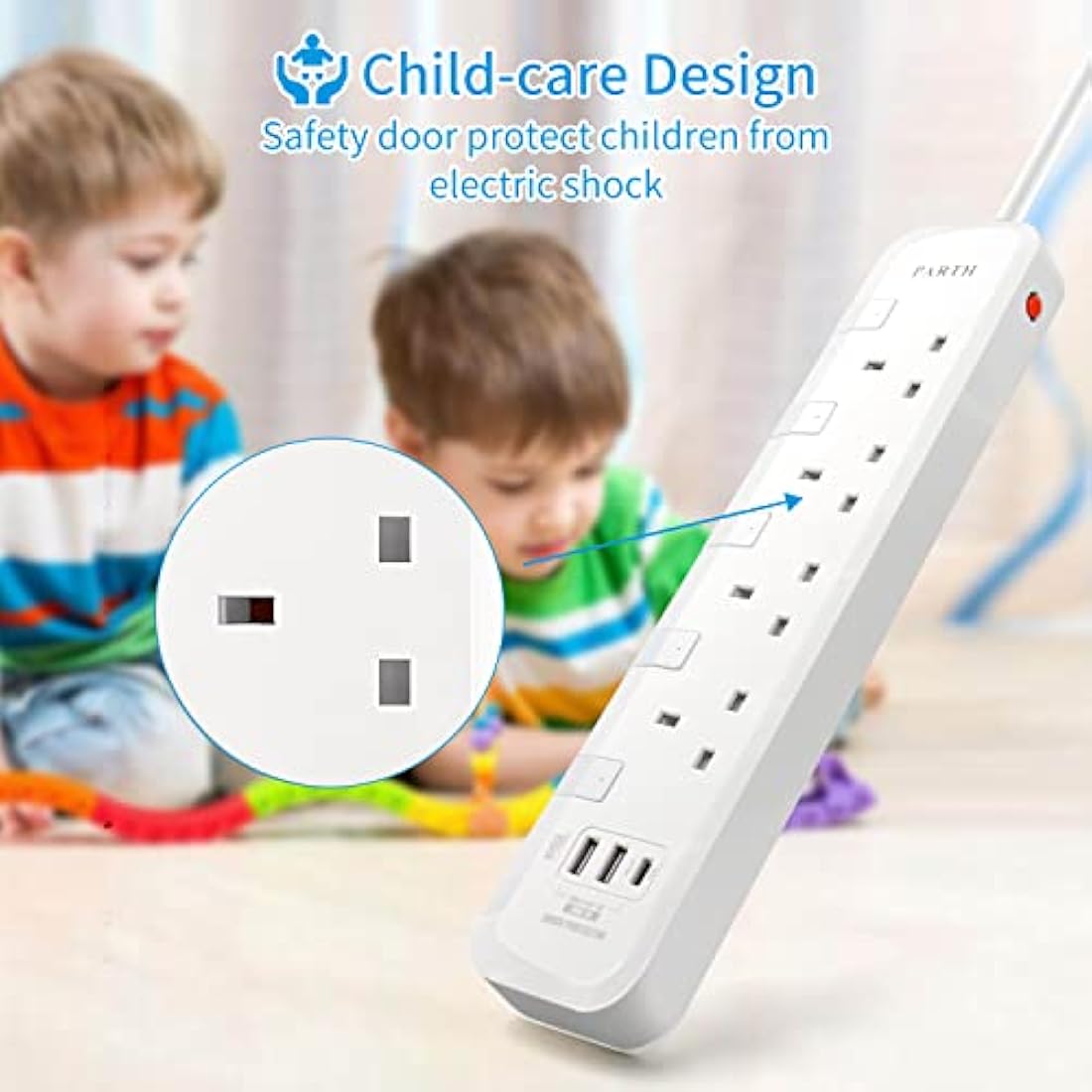 Extension Lead with USB Slots, 3m Long Heavy Duty Cable Extension Cord, Surge Protected Extension Plug with PD18W QC 3.0 USB Ports, 3 Metre 4 Way UK 13a Plug Extension Sockets Power Strip with Switch
