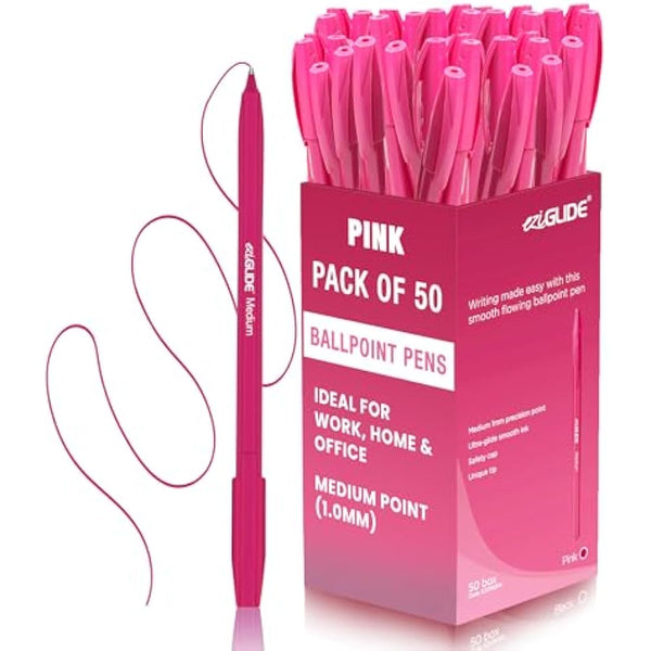 Eziglide 50-Pack Ballpoint Pen Set, Pink – Medium Nib (1.0mm) for Smooth Writing & Unique Tip – Ergonomic Grip, Long-Lasting Ink, Perfect for Home, School, Teachers, Work & Daily Handwriting