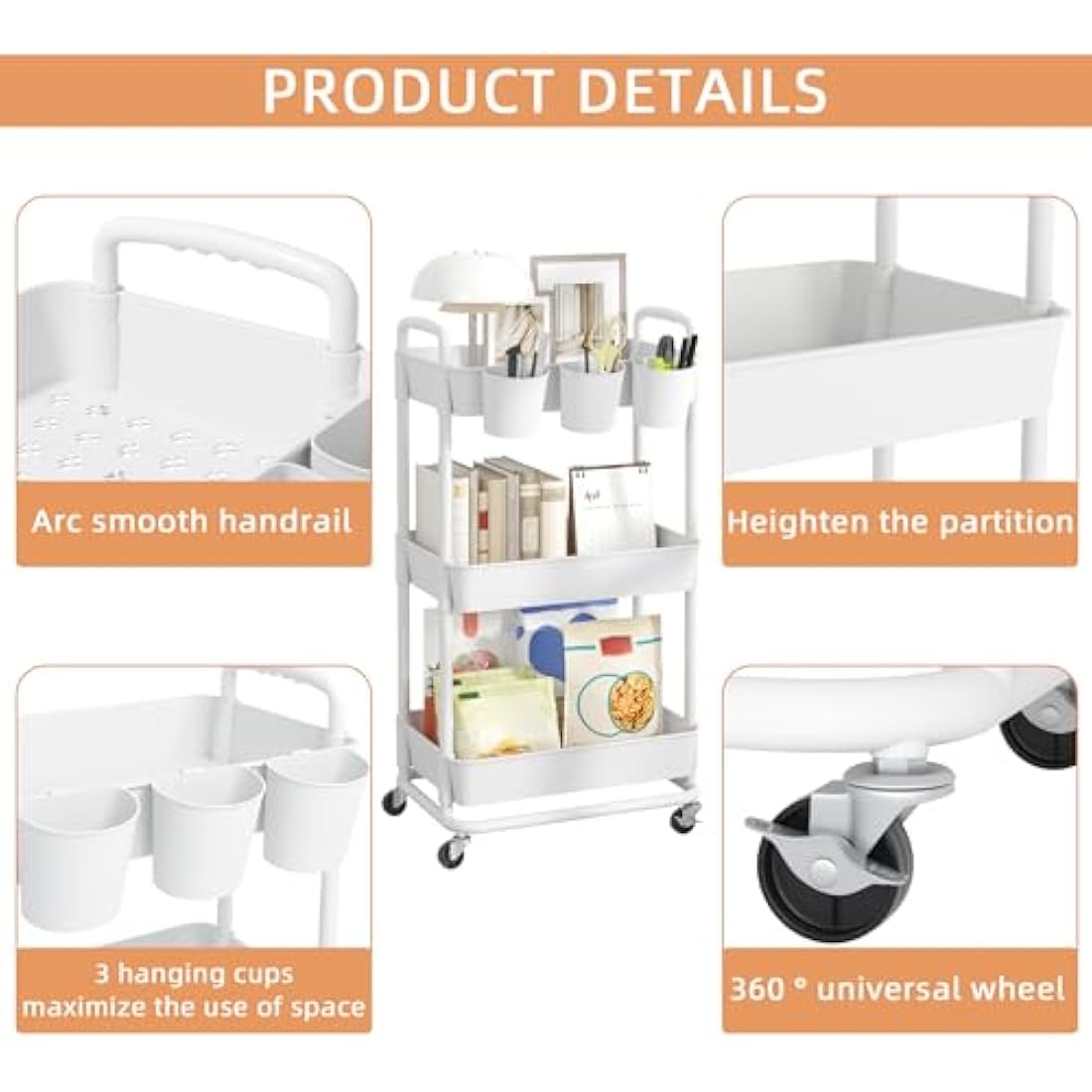 JIUYOTREE 3-Tier Plastic Rolling Storage Cart Utility Cart with Extra Hanging Cups Handles Lockable Wheels for Living Room Bathroom Kitchen Office White