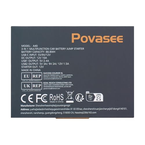 Povasee Jump Starter Power Pack, 5000A Car Battery Booster Jump Starter (up to All Gas or 10L Diesel) with 3" LCD Display, Car Starter with 2 USB Ports, Jump Leads and LED, Jump Pack for 12V Vehicles