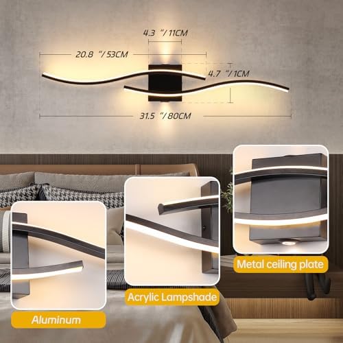 EIDISUNY Led Wall Light, 80cm 28W Black Indoor Modern Wave bar LED Wall Lamp for Living Room Indoor Hallway Bedroom Kitchen Stairs Bedside Vanity Mirror Sconce Light -Black Warm White Light 3000K