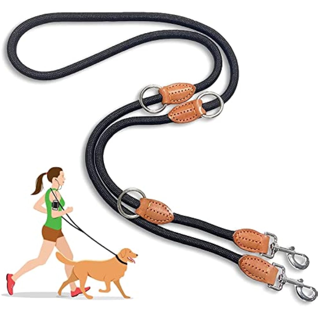 Heydoggy Multi-Function Hands Free Dog Lead (7ft) - Strong Training Leads, 1.4cm Thick Nylon Double (3 Adjustable Lengths) Walking Running Long Rope Leash for Small Medium Large Dogs Black, 1/2''