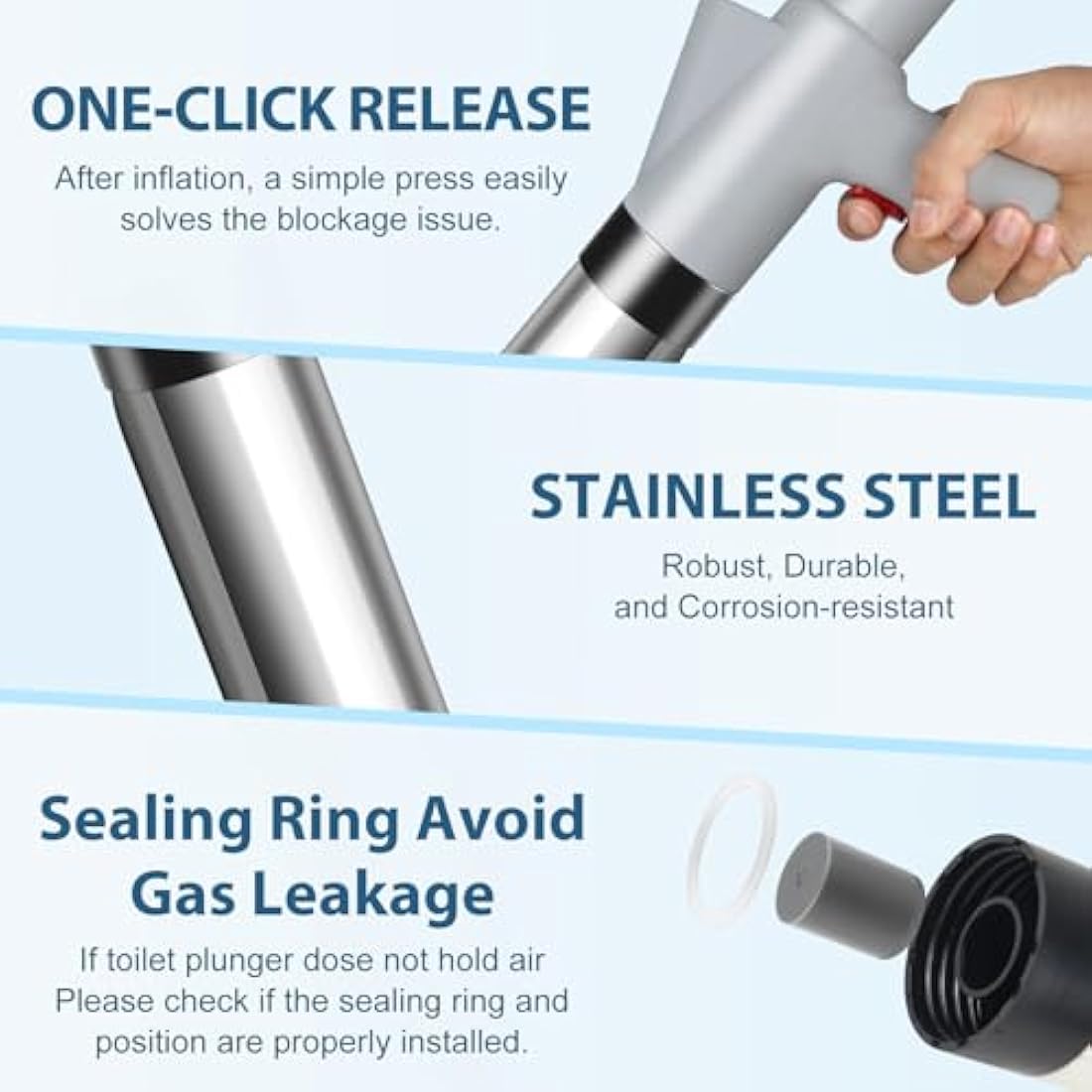 inShareplus Toilet Plunger, Grey Toilet Unblocker Heavy Duty, High Pressure Plunger Kit with 4 Replaceable Heads and 1 Gloves Plunger Sink Unblocker for Unblocking Toilets, Sink, Bathtub, Floor, Drain