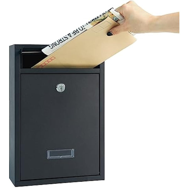 RYZAN Wall Mounted Mailbox Steel Postbox Modern Delivery Letterbox For Outside With Nameplate Easy To Install Lockable Weatherproof Large Letter Post Mail ‎8.5 x 21.5 x 32 cm Outdoor With Keys, Black