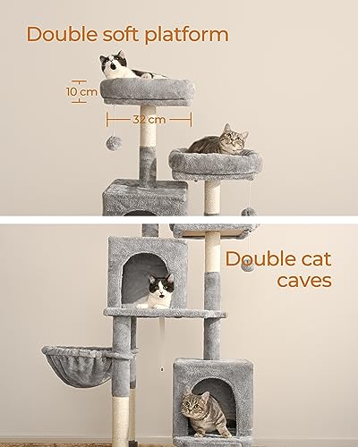FourFurPets Indoor Cat Scratching Post 156 cm with Sisal Stairs, 2 Platforms, 2 Caves, Hammock, Caves, Plush Balls, Light Grey