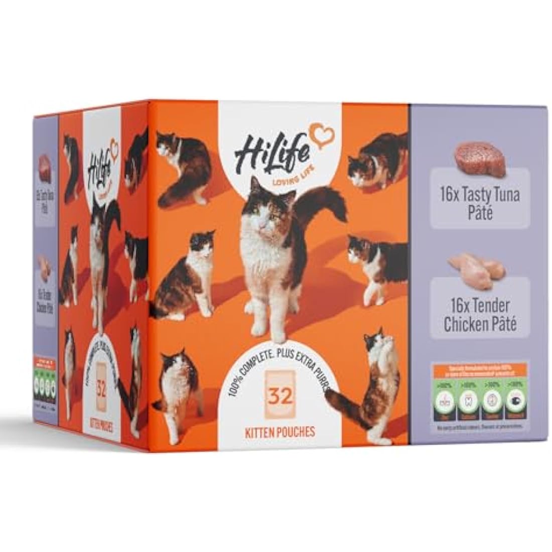 HiLife Kitten Wet Cat Food, Mixed Chicken & Tuna Pate Recipes, Complete Cat Food Pouches for Kittens 1 - 12 Months, 100% Natural & Grain Free (32 x 70g Pouches)