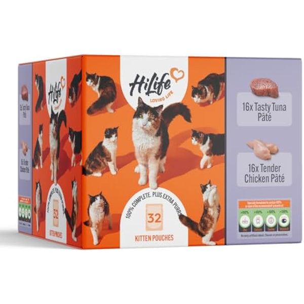 HiLife Kitten Wet Cat Food, Mixed Chicken & Tuna Pate Recipes, Complete Cat Food Pouches for Kittens 1 - 12 Months, 100% Natural & Grain Free (32 x 70g Pouches)