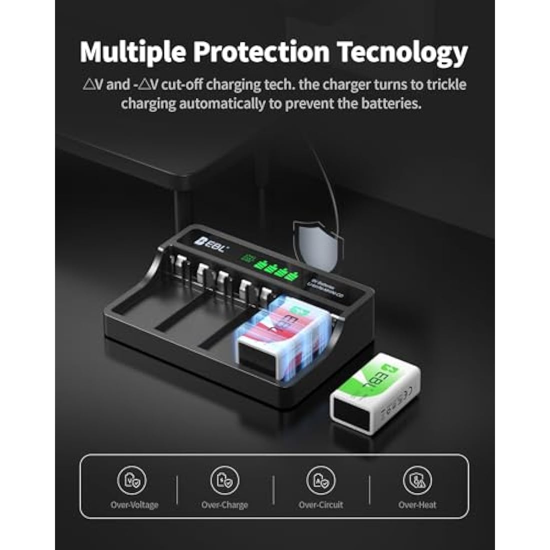 EBL 9 Volt 600mAh Rechargeable Batteries Li-ion Batteries with Smart LCD 9V Battery Charger for 9V Lithium-ion/Ni-MH/Ni-CD Rechargeable Batteries