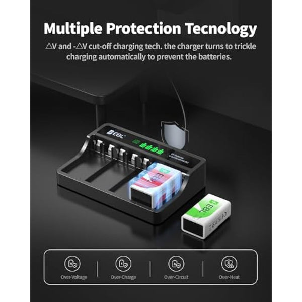 EBL 9 Volt 600mAh Rechargeable Batteries Li-ion Batteries with Smart LCD 9V Battery Charger for 9V Lithium-ion/Ni-MH/Ni-CD Rechargeable Batteries
