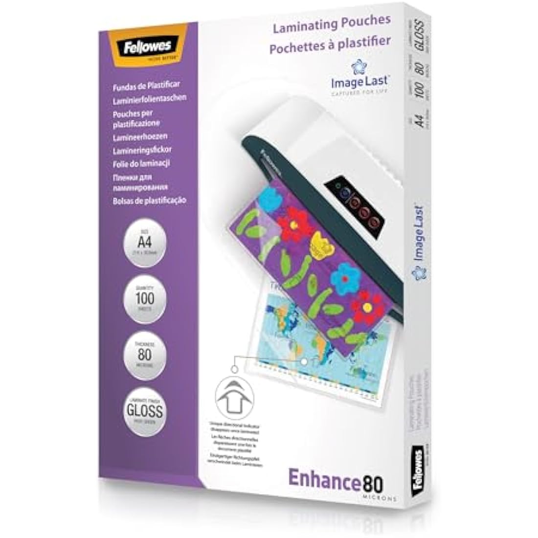 Fellowes A4 Laminating Pouches, Gloss, 160 Micron (2 x 80 Micron) with Image Last Directional Quality Mark, Pack of 100, Transparent