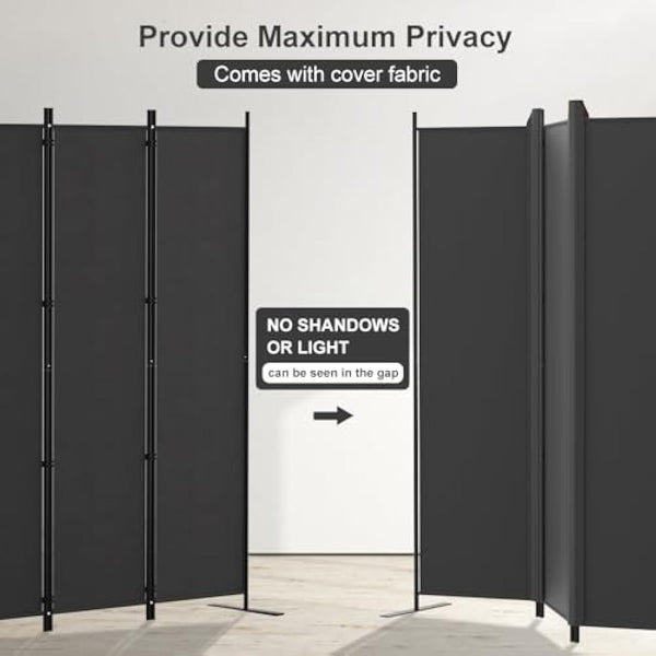 Kokorona 6 Panel Room Divider, 6FT Tall Folding Privacy Screen Wall Dividers, Portable Privacy Screen Freestanding Room Divider for Room Separation, Included-Cover Strips, Dark Grey, W 305 x H 183 cm