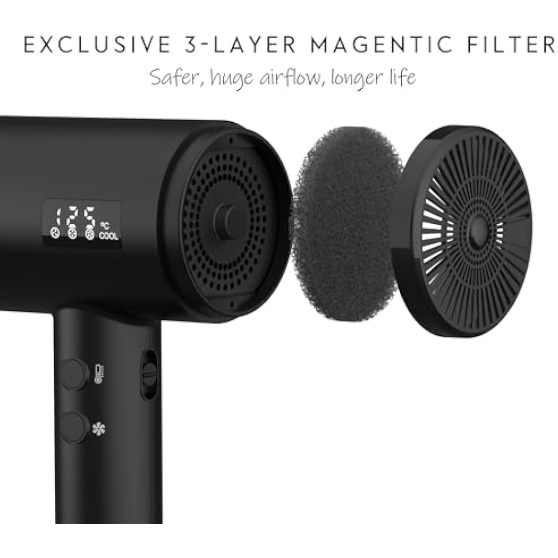 AINA Professional Salon Hair Dryer,2300W Blow Dryer with Diffuser Brush Comb for Women-BLDC Hair Dryer-Brushless Motor 150,000 RPM,Ionic,LED Display,4 Magnetic Attachments (Black)