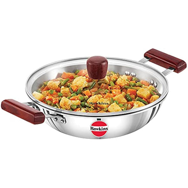 HAWKINS 2.5 Litre Deep Fry Pan, Triply Stainless Steel Kadai with Glass Lid, Flat Bottom Induction Kadhai, Silver (SSD25G)