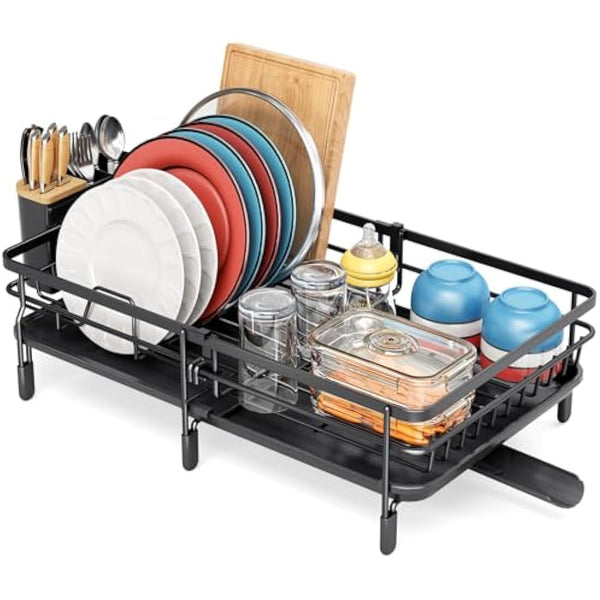 KINGRACK Expandable Dish Drainer Rack,Adjustable Dish Rack,Foldable Dish Drying Rack with Removable Cutlery Holder Swivel Drainage Spout,Anti-Rust Plate Rack for Kitchen 1 Piece