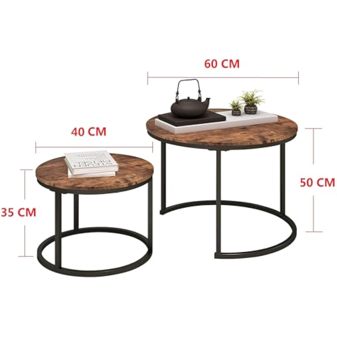 DUMEE Round Coffee Table, Set of 2 Side Table Nesting Table with Steel Frame and Wooden Top, for Living Room, Bedroom, Balcony, (Rustic Brown/Black, Dia 60/40cm)