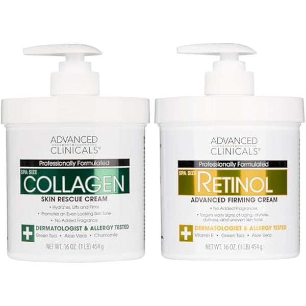 Advanced Clinicals Retinol Cream and Collagen Cream Skin Care set. Value anti-aging set for wrinkles, fine lines, firming skin. 16oz Spa size are great for face cream and body moisturizer.