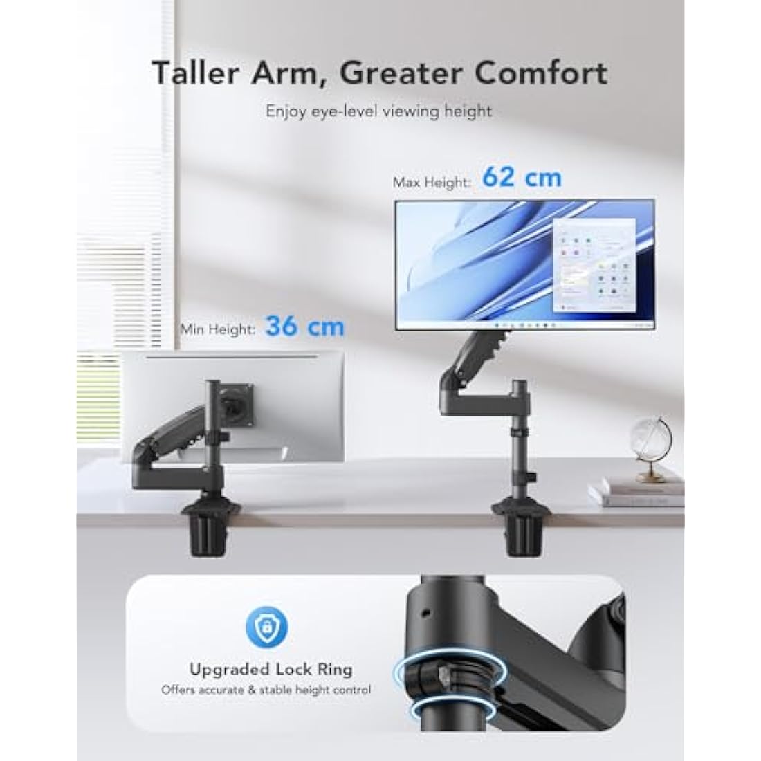 HUANUO Single Monitor Arm for 13" to 34" Screens, Single Monitor Stand with Pole for More Height Adjustments, Gas Spring Screen Arm Holds up to 19.8lbs, Swivel Screen Holder Desk Mount, VESA 75/100