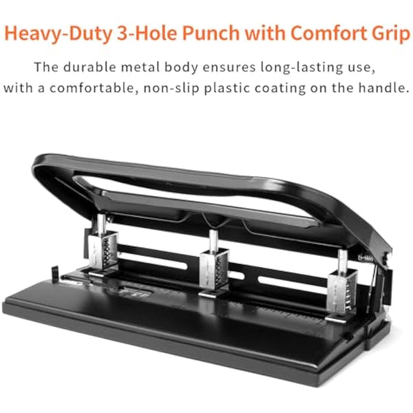 XOOL 3 Hole Punch, Heavy Duty Metal Hole Puncher for 2 or 3 Holes, 9/32" 7mm Hole Diameter, 40-Sheet Capacity, Adjustable Hole Spacing, Non-Slip Base for Office & School