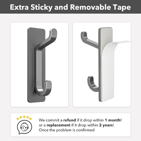 Stick on Hooks for Hanging, Extra Sticky 6KG (Max), Coat Hook on Door for Towel Coat Hat Key, Metal Stainless Heavy Duty, Self Adhesive Hangers Wall Mounted for Bathroom Shower Kitchen, Grey, 4 Pack