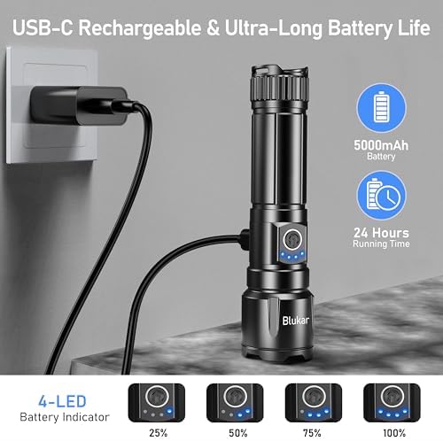 Blukar LED Torch, Super High Lumens Ultra Bright Torches - Adjustable Focus, 5000 mAh, IP67 Waterproof, Powerful Long Lasting Handheld Flashlight for Power Cuts, Camping, Hiking, Emergency etc.