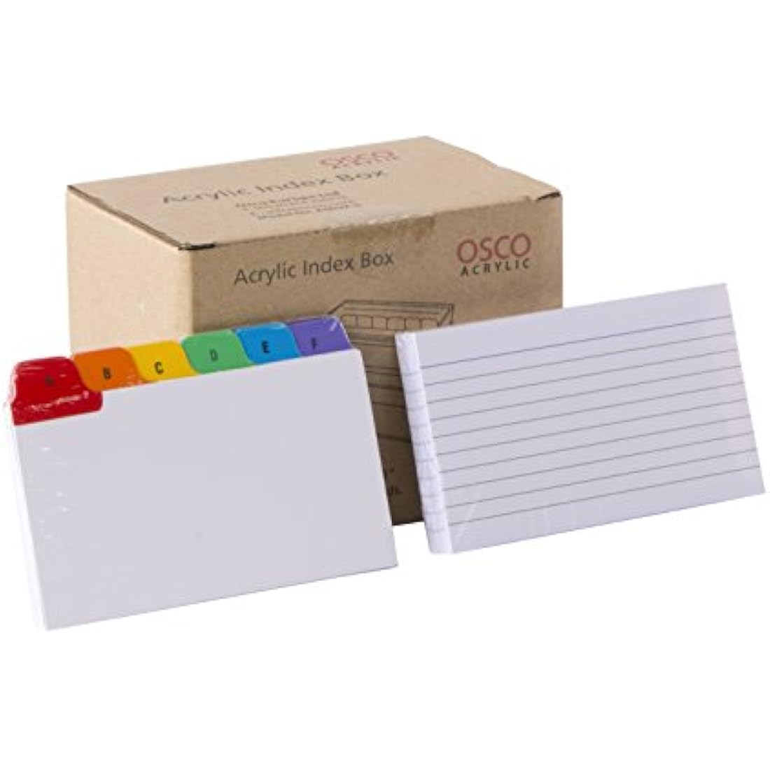OSCO Clear Acrylic Index Box | Small | A to Z Divider Tabs | 100 Lined Note Sheets Included (5" X 3") | Ruled Revision Flash Cards | Recipe Notes | Contacts Filing | Fits 127 x 76 mm