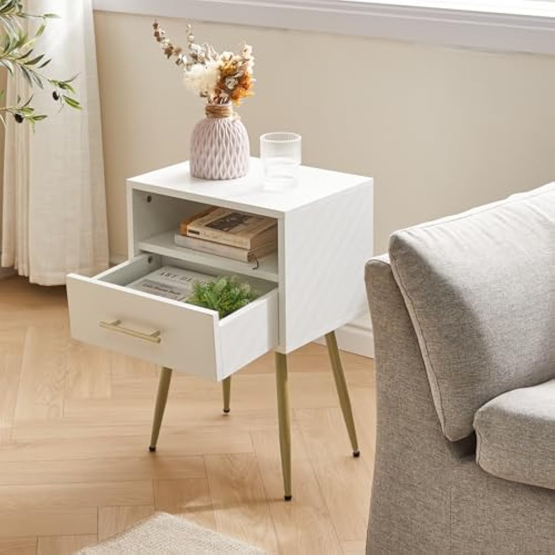 IBUYKE Nightstand, Mid-Century Modern Bedside Table with Legs, Minimalist and Practical End Side Table with 2 Tiers Storage Space, for Bedroom, Living Room, White WNS004W