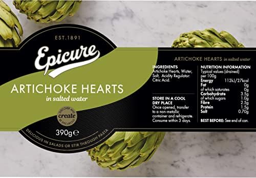 Epicure Tinned Artichoke Hearts in Salted Water, Delicious in Salads or Stir Through Pasta, 390 g (Pack of 12)