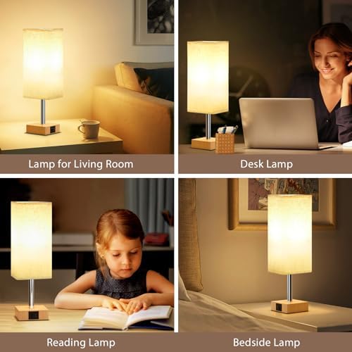 Aooshine Bedside Lamps Set of 2, 3-Way Dimmable Table Lamp with USB-C+A Charging Ports,Lamps for Bedroom with Linen Fabric Shade(Bulbs Included)