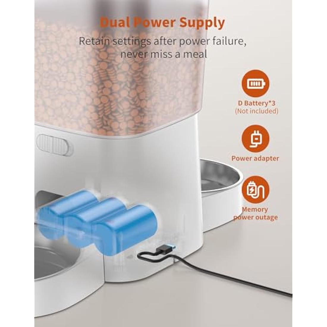 HoneyGuaridan 3.5L Automatic Cat Feeder for Two Cats, Food Dispenser With Stainless Steel Bowl, Timed Programmable 1-6 Meals Control, Dual Power Supply, 10s Meal Call