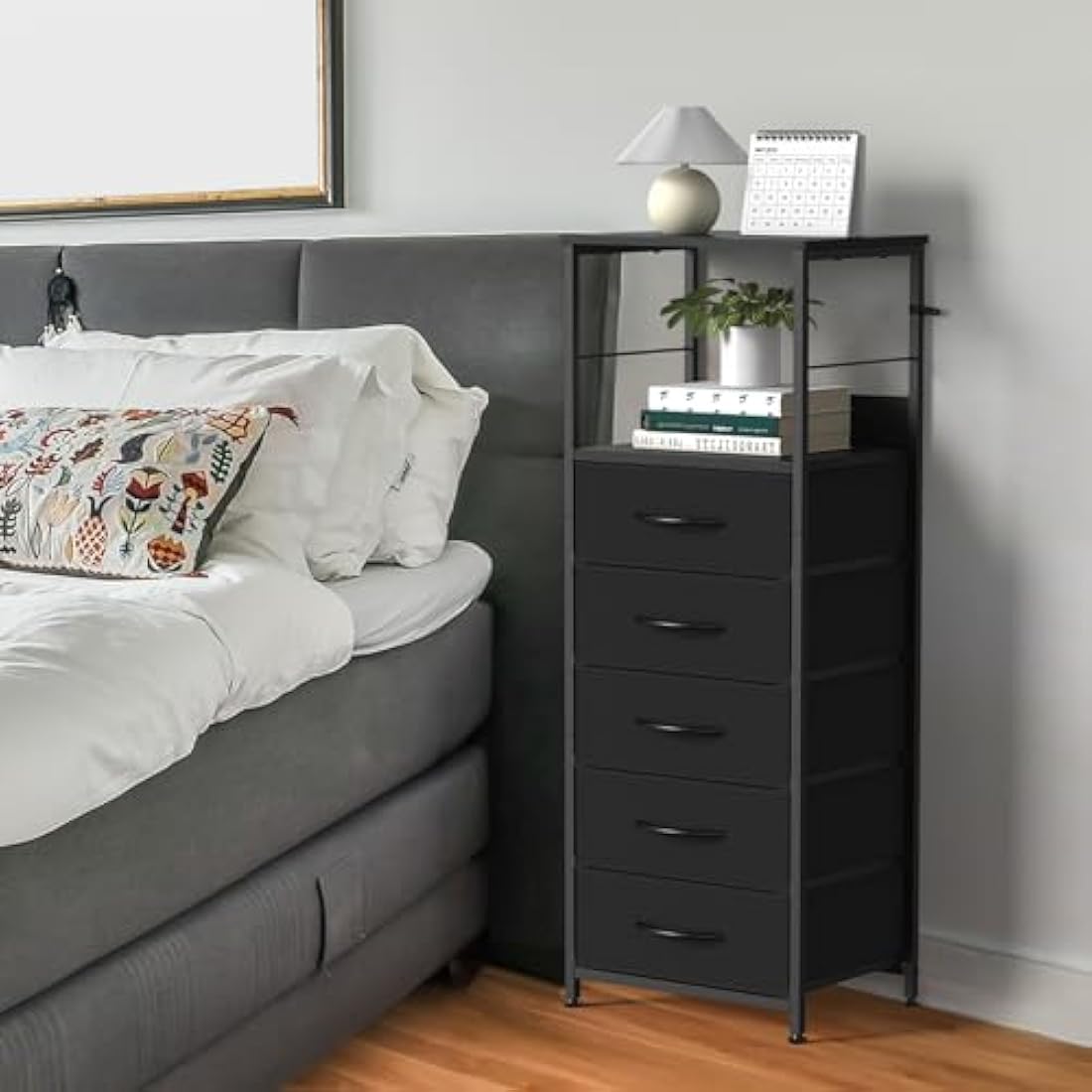 CADUKE Chest of Drawers, Tall Storage Tower with 5 Fabric Drawers for Bedroom, Sturdy Steel Frame & Wooden Top, Fabric Dresser for Living Room, Hallway, Entryway, Nursery, Black