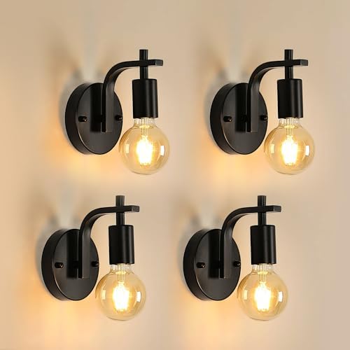 DELIPOP 4 Pack Industrial Wall Lights, Black Metal Wall Lamps, E27 Vintage Wall Sconce Lights, Wall Lighting Fixtures for Living Room, Bedroom, Kitchen, Hallway, Restaurant, Not Included Bulb