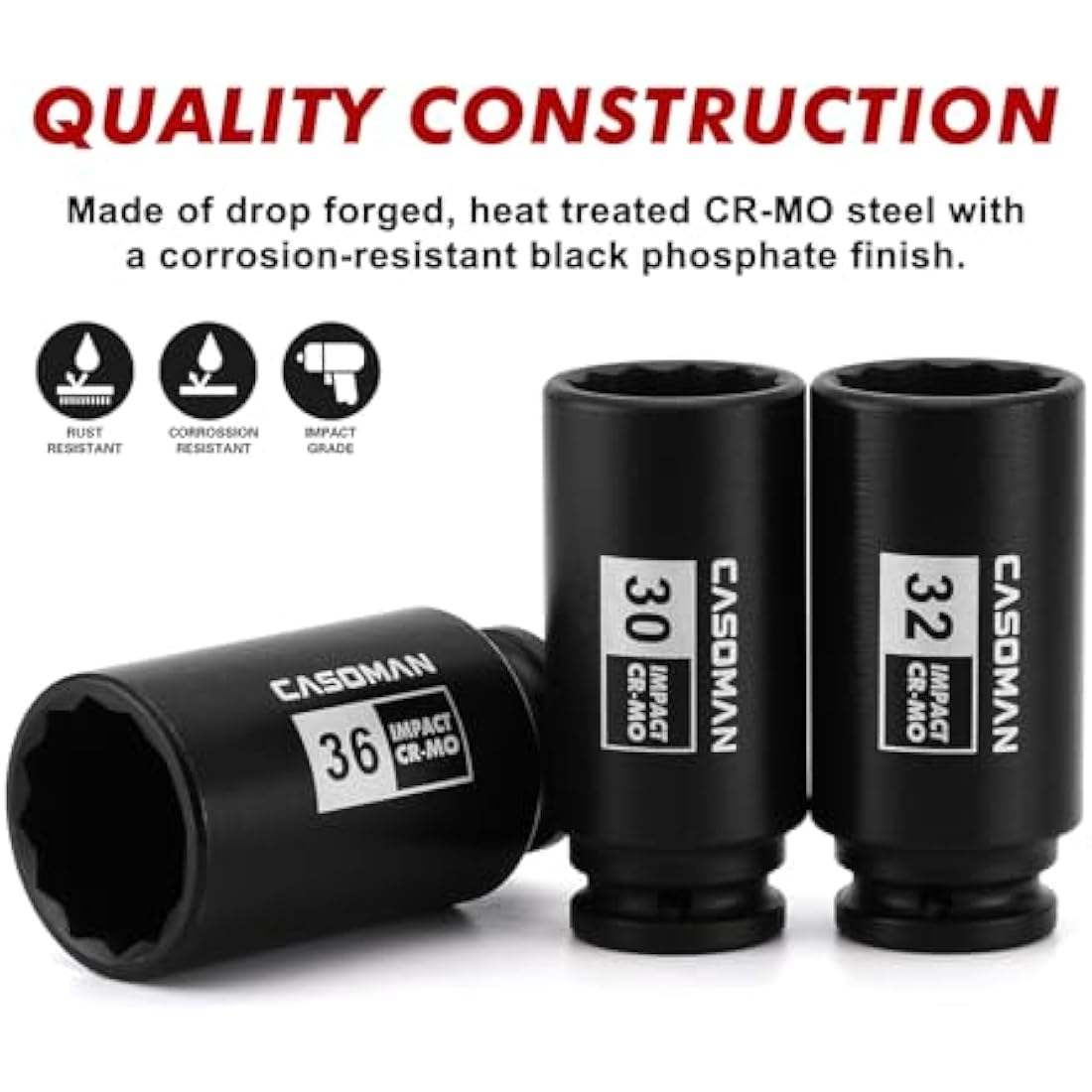 CASOMAN 4 Pieces 1/2" Dr. Heavy Duty Impact Socket Set, 12-Point, Metric, CR-MO, 30,32,34,36mm, 1/2-Inch Drive Deep Spindle Axle Nut Impact Socket Set