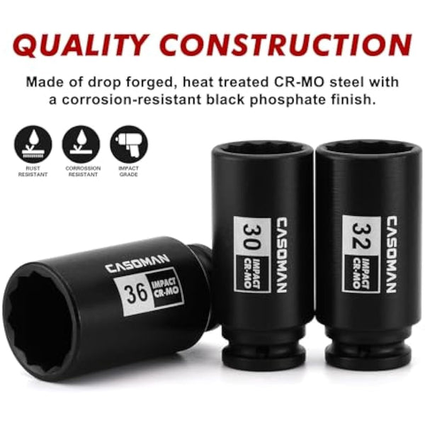 CASOMAN 4 Pieces 1/2" Dr. Heavy Duty Impact Socket Set, 12-Point, Metric, CR-MO, 30,32,34,36mm, 1/2-Inch Drive Deep Spindle Axle Nut Impact Socket Set