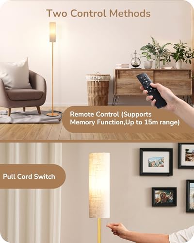 EDISHINE Floor Lamp, Standing Lamp with Rounded Linen Lampshade, Floor Lamps for Living Room, Bedroom, 165cm, E27 Socket(9W LED Dimmable Bulb Included), Magnetic Remote Control, Gold
