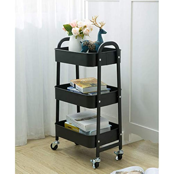DOEWORKS Storage Trolley on Wheels Metal 3 Tier Trolley Cart Kitchen Trolley Craft Trolleys Beauty Trolleys Rolling Storage Utility Cart for Books Room Bathroom Office, Black