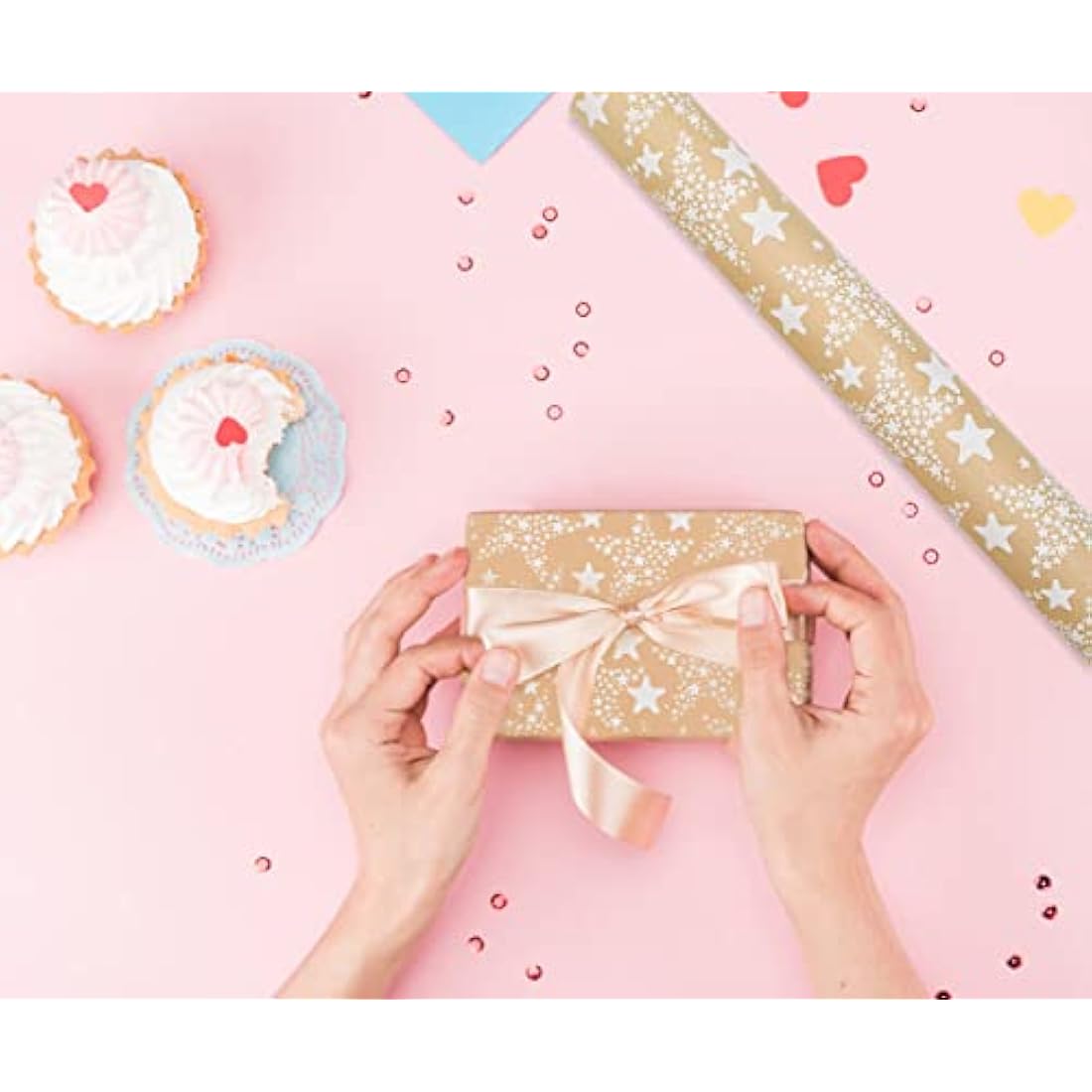 43cm*15m Gift Wrapping Paper Roll with White Star,Topeedy Recycle Kraft Wrapping Paper for Birthday Women's Day