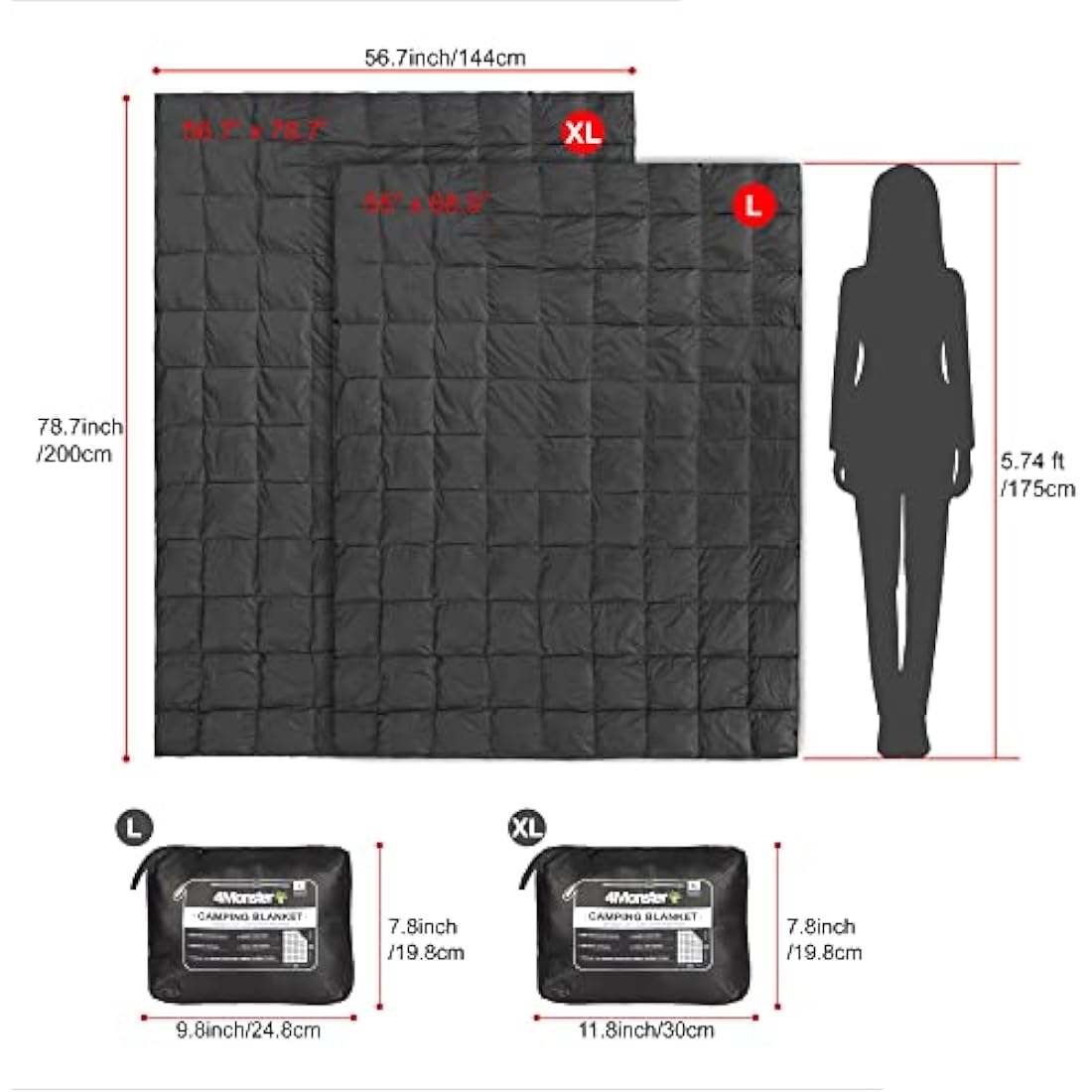 4Monster Camping Blanket Packable, Camping Quilt, Insulated Blanket Hammock Quilt, Camping Blanket for Cold Weather, Picnic, Hiking, Airplane, Travel, Beach, Stadium, Outdoor Gear, Black, L