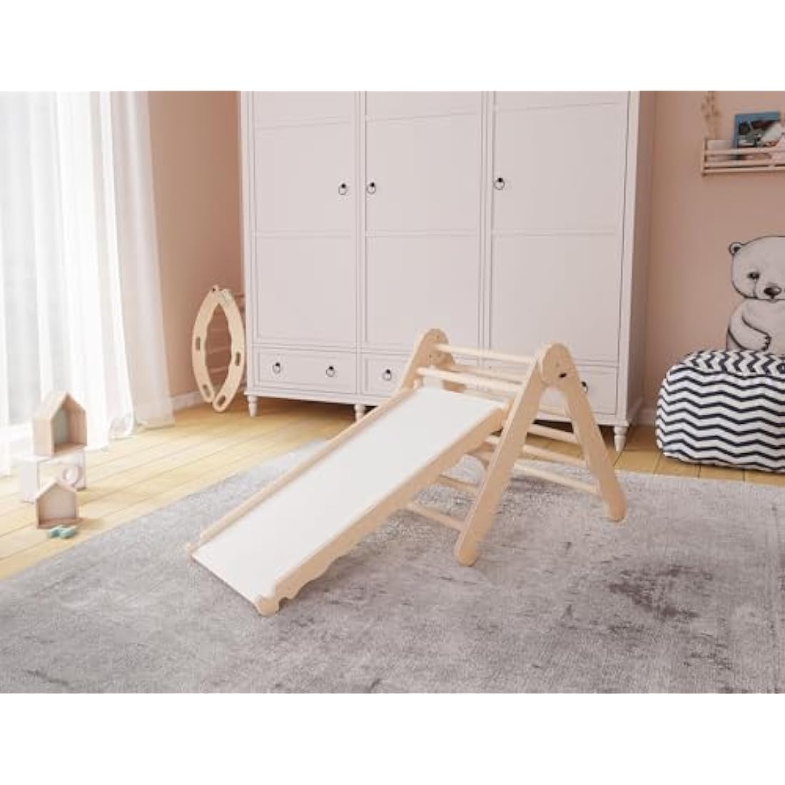 MAMOI® Indoor climbing triangle with slide for kids, Baby climbing frame, Wooden toddler gym for children outside and outdoor, Frames and slides, toys for toddlers